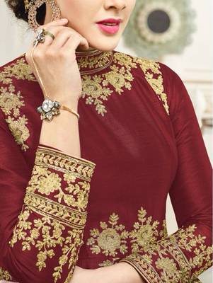 Maroon silk semi stitched wedding floor length anarkali 2