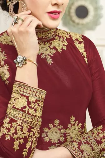 Maroon silk semi stitched wedding floor length anarkali