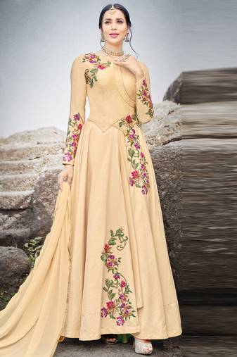 Beige silk semi stitched wedding gown stlye anarkali