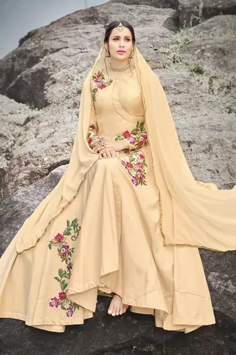 Beige silk semi stitched wedding gown stlye anarkali
