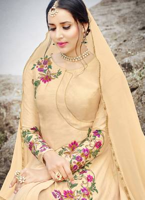 Beige silk semi stitched wedding gown stlye anarkali 3
