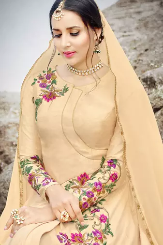 Beige silk semi stitched wedding gown stlye anarkali