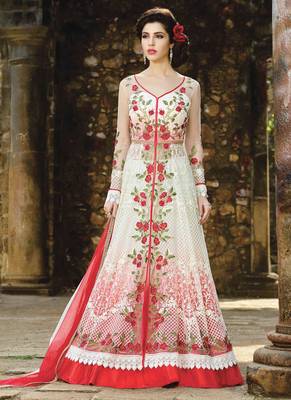 Cream net semi stitched wedding lehenga dress 1
