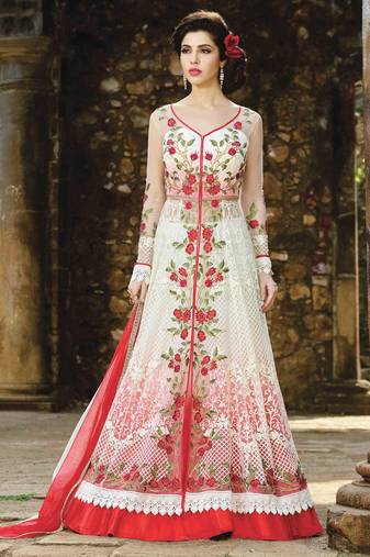 Cream net semi stitched wedding lehenga dress
