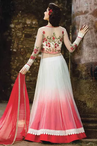 Cream net semi stitched wedding lehenga dress
