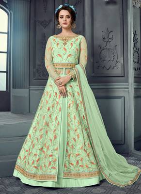 Green net semi stitched wedding lehenga dress 1
