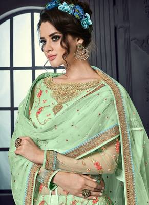 Green net semi stitched wedding lehenga dress 2