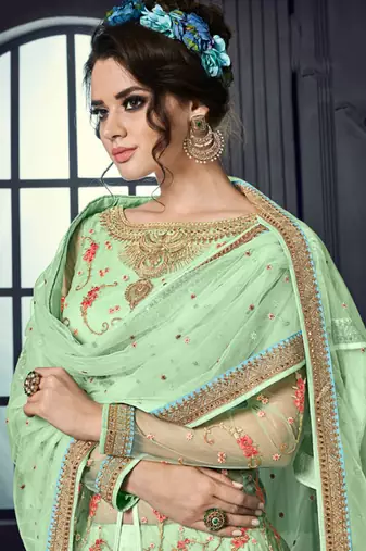 Green net semi stitched wedding lehenga dress