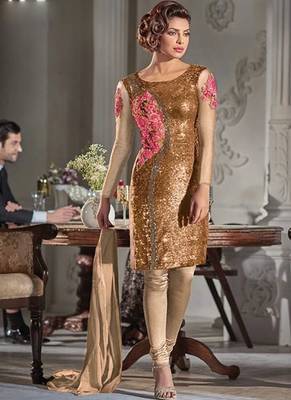 Beige georgette semi stitched wedding churidar suit 1