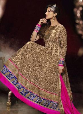 Beige net semi stitched bridal anarkali suit 1