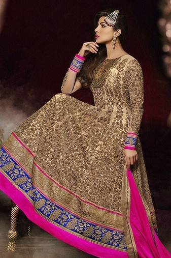 Beige net semi stitched bridal anarkali suit