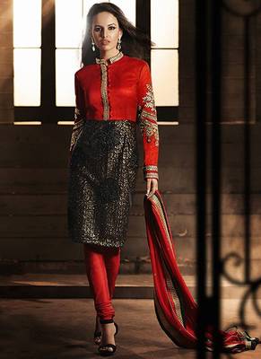 Red bhagalpuri silk semi stitched wedding churidar suit 1
