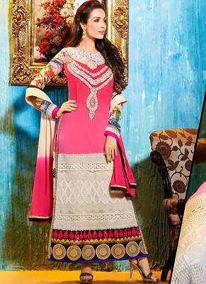 Pink georgette semi stitched wedding straight cut suit 1