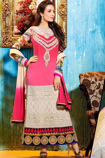 Pink georgette semi stitched wedding straight cut suit