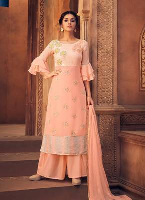 Peach georgette semi stitched party palazzo suit 1
