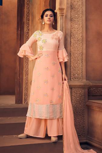 Peach georgette semi stitched party palazzo suit