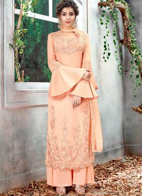 Peach silk semi stitched party palazzo suit 1
