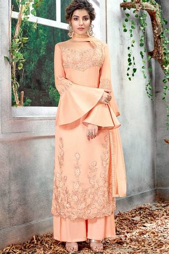 Peach silk semi stitched party palazzo suit