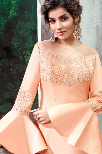 Peach silk semi stitched party palazzo suit
