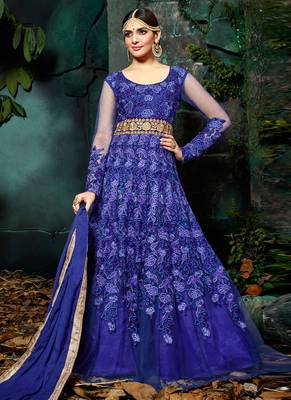 Blue net semi stitched wedding floor length anarkali 1