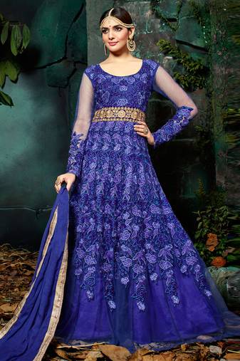 Blue net semi stitched wedding floor length anarkali