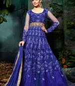 Blue net semi stitched wedding floor length anarkali