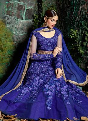 Blue net semi stitched wedding floor length anarkali 2