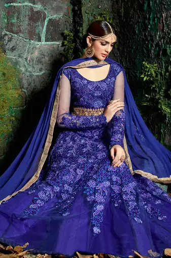 Blue net semi stitched wedding floor length anarkali
