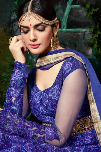 Blue net semi stitched wedding floor length anarkali