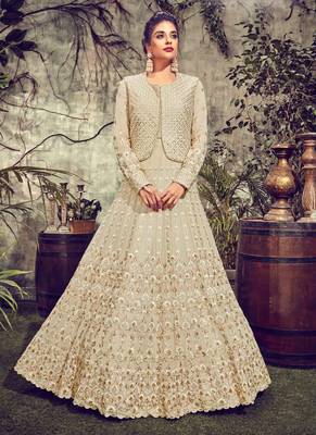 Beige georgette semi stitched wedding anarkali with jacket 1
