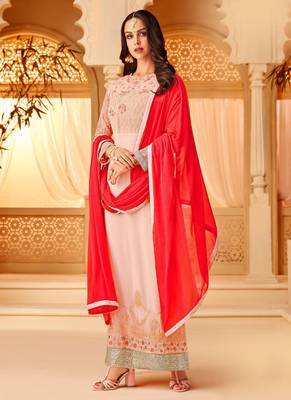 Pink georgette semi stitched party straight cut suit 1