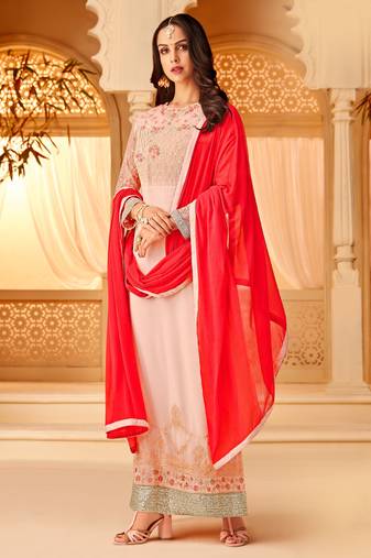 Pink georgette semi stitched party straight cut suit