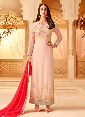 Pink georgette semi stitched party straight cut suit 2