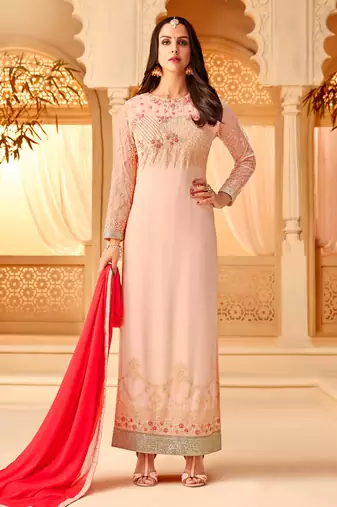 Pink georgette semi stitched party straight cut suit