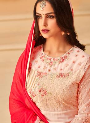 Pink georgette semi stitched party straight cut suit 3