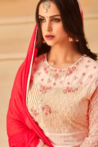 Pink georgette semi stitched party straight cut suit