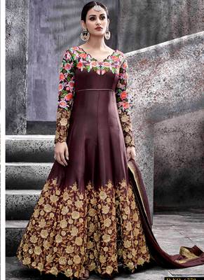 Brown silk semi stitched wedding abaya anarkali 1