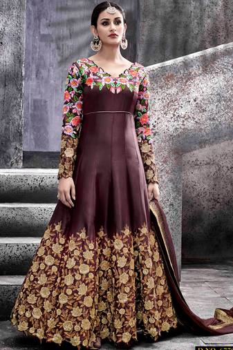 Brown silk semi stitched wedding abaya anarkali
