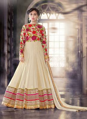 Beige net & silk semi stitched wedding abaya style anarkali 1