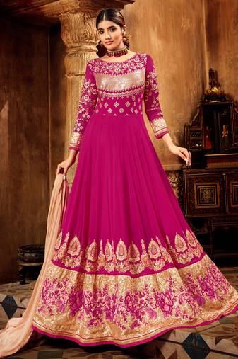 Pink georgette semi stitched wedding floor length anarkali