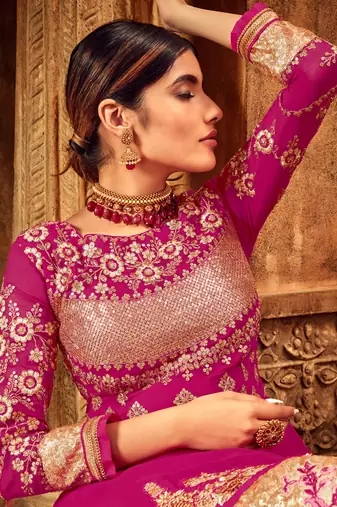 Pink georgette semi stitched wedding floor length anarkali