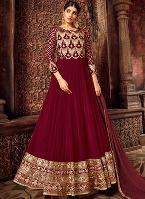 Maroon georgette semi stitched wedding floor length anarkali 1