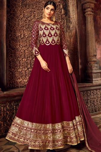 Maroon georgette semi stitched wedding floor length anarkali