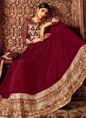 Maroon georgette semi stitched wedding floor length anarkali 2