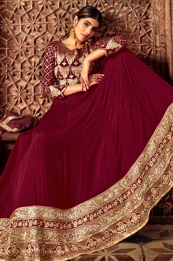 Maroon georgette semi stitched wedding floor length anarkali