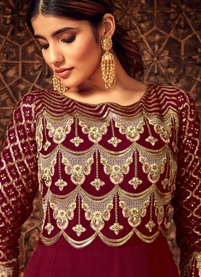 Maroon georgette semi stitched wedding floor length anarkali 3