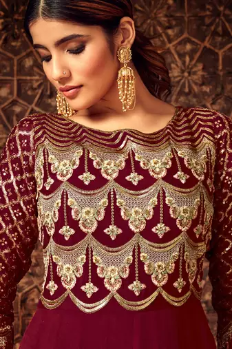Maroon georgette semi stitched wedding floor length anarkali