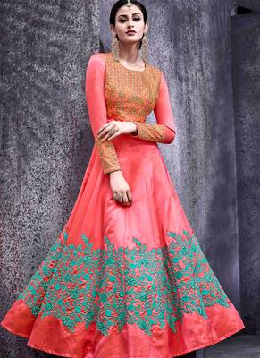 Pink silk semi stitched wedding abaya anarkali 2