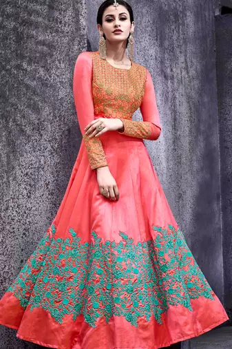 Pink silk semi stitched wedding abaya anarkali