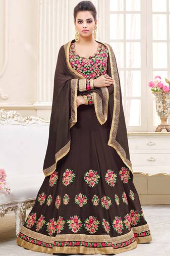 Brown georgette semi stitched wedding floor length anarkali churidar